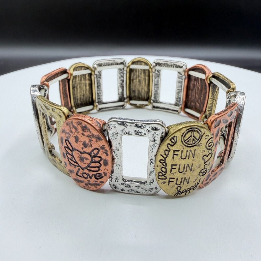 Mixed Metal Peace Love Fun Stretch Bracelet Boho Statement Chunky Festival Gift